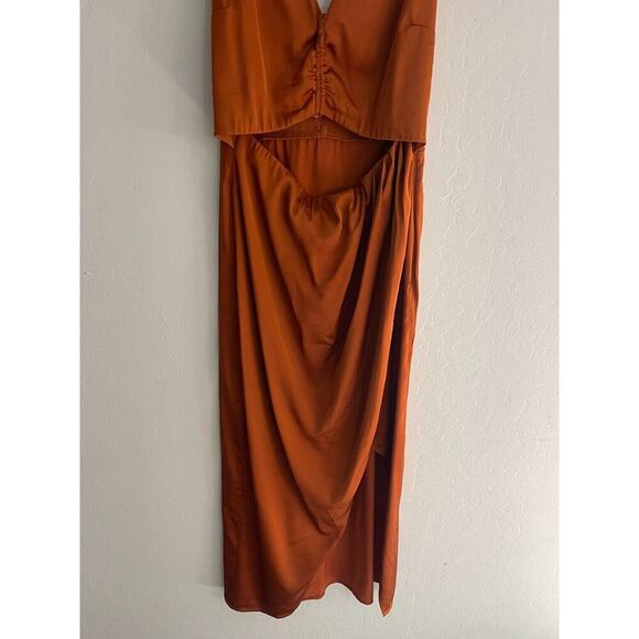 Abercrombie & Fitch Slip Dress S Midi Burnt Orange Satin Cinch Front Slit NEW - Picture 5 of 9